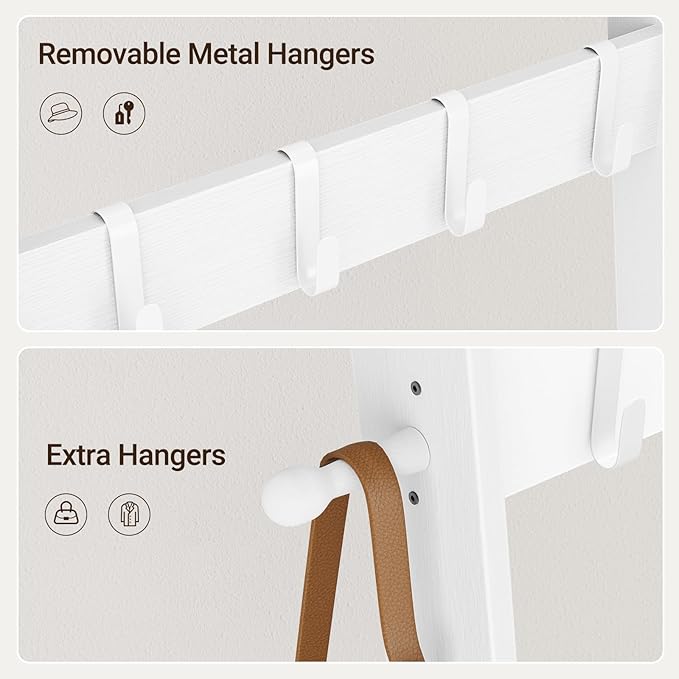 ELYKEN Blanket Ladder for Living Room, 5-Tier Wooden Towel Rack with Synthetic Leather Pocket, 4 Removable Hooks, Decorative Leaning Ladder Shelf for Bedroom, White