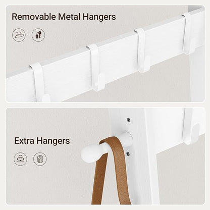 ELYKEN Blanket Ladder for Living Room, 5-Tier Wooden Towel Rack with Synthetic Leather Pocket, 4 Removable Hooks, Decorative Leaning Ladder Shelf for Bedroom, White