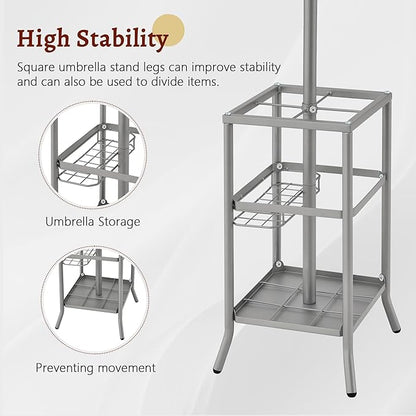 FAVOOSTY Coat Rack Freestanding,Coat Rack Stand with Umbrella Holder,Metal Coat Tree with 12 Hooks,Tree Clothes Hat for Entryway, Hallway, Bedroom, Living Room & Office - Silver Grey