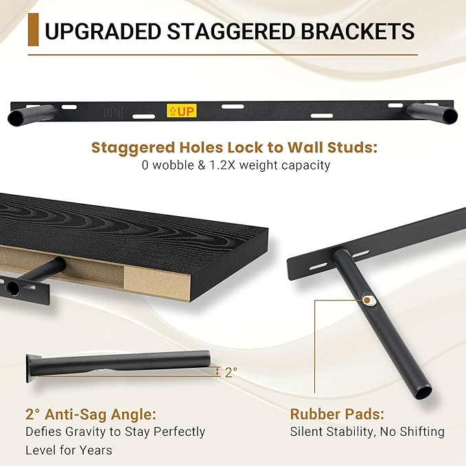 Vivelove 2 inch Thick Floating Shelves for Wall 55 Inches Long, 12" Deep Wall Shelves, for Bedroom, Bathroom, Living Room, Kitchen, Office, Modern Home Decor, 48" X 12" X 2", Set of 2, Black