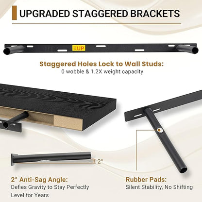 Vivelove 2 inch Thick Floating Shelves for Wall 55 Inches Long, 12" Deep Wall Shelves, for Bedroom, Bathroom, Living Room, Kitchen, Office, Modern Home Decor, 48" X 12" X 2", Set of 2, Black