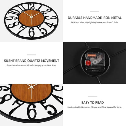 Maxstar Large Round Wall Clock for Living Room Decor Battery Operated Non Ticking Black Metal Wood Clocks for Home Living Room Garden Office Kitchen Decoration -24 inch