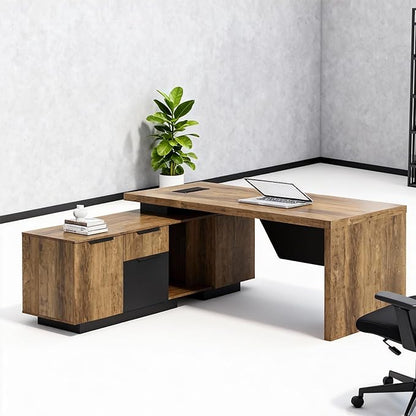 SAINTCY L-Shaped Executive Desk, Retractable Office Desk with Drawers, Large Wood Computer Desks for Boss, Bussiness Owners, Manangers and Supervisors, Adjustable Width (Left Return, 70.86" to 78.7")