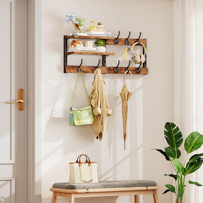 Homeiju 28.7" Coat Rack Wall Mount with Shelf, Key Hooks for Wall with Shelf, Coat Hooks Wall Mounted with 8 Heavy Duty Double Hooks for Bedroom,Living Room, Rustic Brown (8 Hooks)