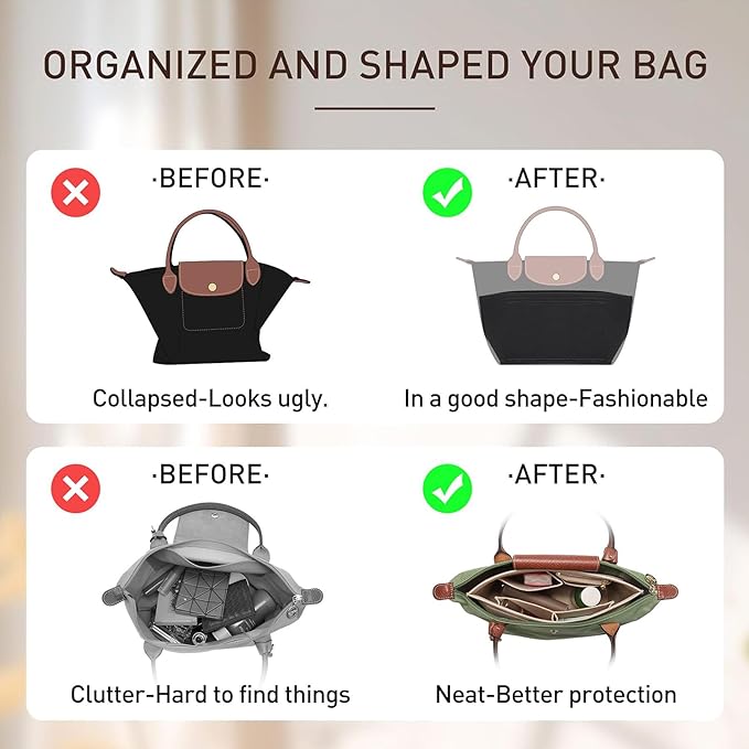 Doxo Felt Purse Organizer Insert Compatible with Longchamp Lepliage Large and More, Felt Bag Liner Keeps Tote Handbags Shaped & Neat (Black,Large)