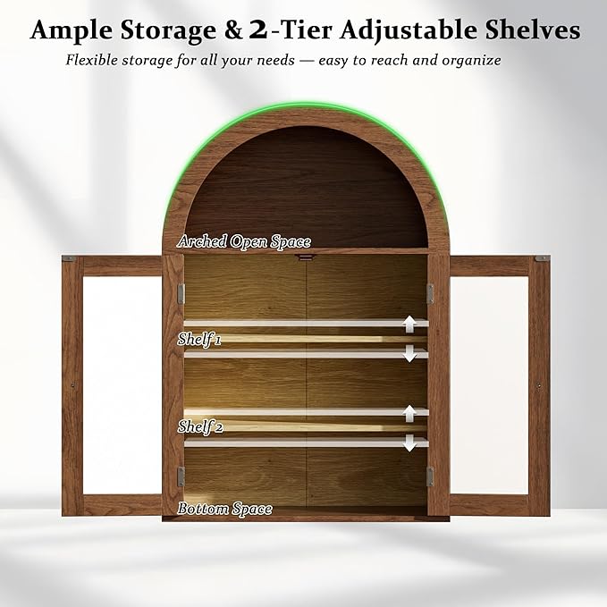 BREEZEHEAT Bathroom Medicine Cabinet Wall Mount-Over The Toilet Storage Cabinet-Arched Wall Cabinet with Glass Doors & Adjustable Shelves, Wood Cabinet for Laundry Room, Kitchen, Living Room, Walnut
