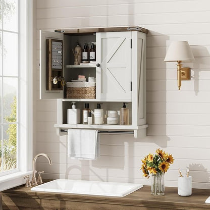 QUW Farmhouse Bathroom Wall Cabinet, Modern Medicine Cabinets with Towel Bar & Jewelry Holder, Over The Toilet Storage Cabinet with Barn Door for Laundry, Living Room, Hallway, Antique White
