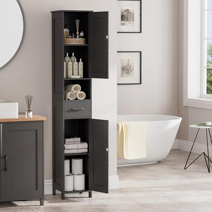 Homhedy 67" H Tall Bathroom Storage Cabinet with 2 Barn Doors and 1 Drawer, Narrow Storage Unit, Adjustable Shelves, Floor Cabinet for Bathroom, Living Room, Entryway, Kitchen, Black, (11.8" W)