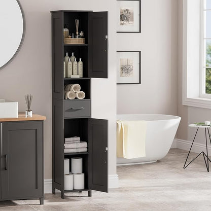 Homhedy 67" H Tall Bathroom Storage Cabinet with 2 Barn Doors and 1 Drawer, Narrow Storage Unit, Adjustable Shelves, Floor Cabinet for Bathroom, Living Room, Entryway, Kitchen, Black, (11.8" W)