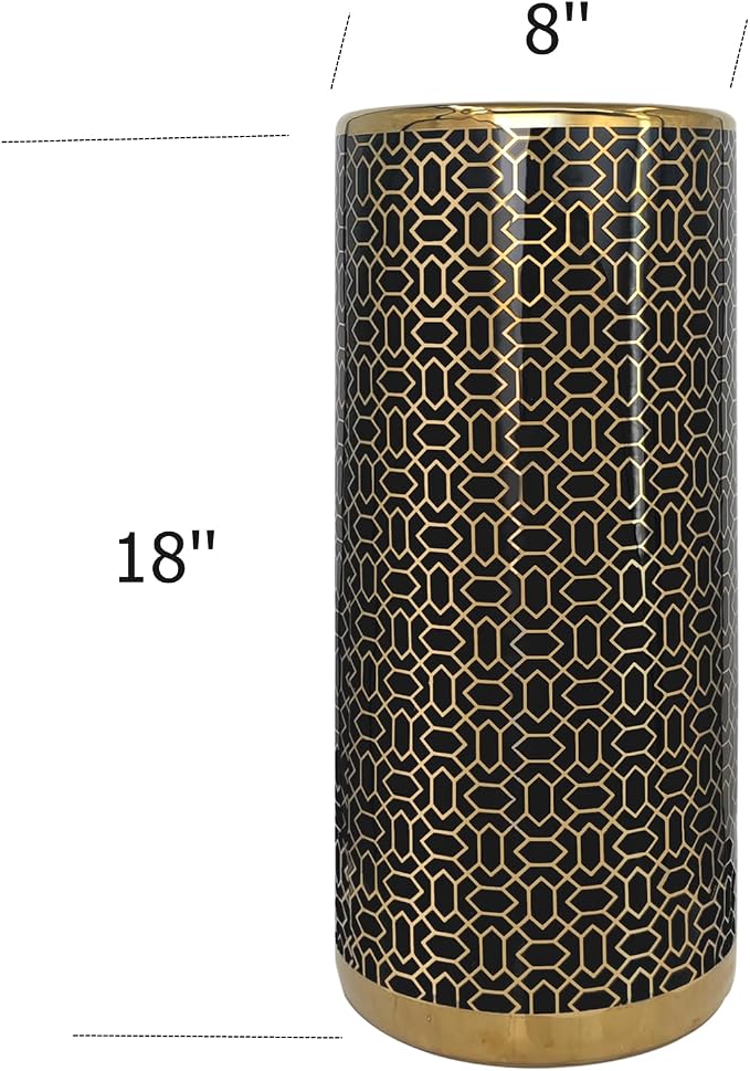 ZOEJADE Minimalist Luxury Ceramic Umbrella Stand Umbrella Holder Vase for Umbrella Canes Walking Sticks Entryway Indoor 18" High Black Gold