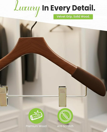 Wooden Hangers with Clips for Women, Solid Wood Skirt & Suit Hangers, Heavy-Duty Adjustable Non-Slip Design with Velvet Grip, High Gloss Brown with Brown Velvet, 12 pcs
