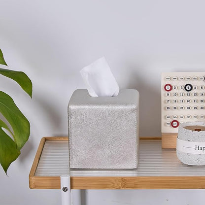 Silver Square Tissue Box Cover,Resin Heavy Sturdy Tissue Box Holder, Facial Paper Holder for Bathroom Vanity Countertop,Bedroom Night Stand,Office and End Table