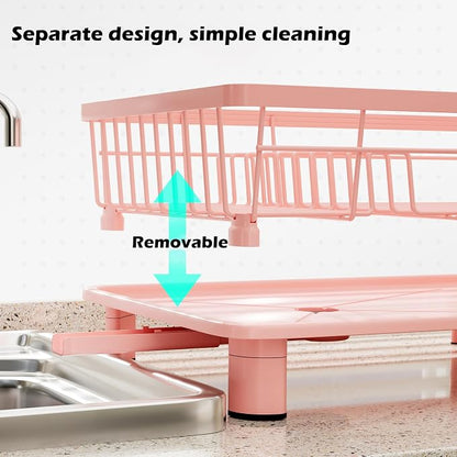 Small Dish Drying Rack, Space Saving Dish Racks for Kitchen Counter, Kitchen Organizer Dish Drainer with Cutlery Holder for Spoons and Forks, 11''W x 15''L, Pink
