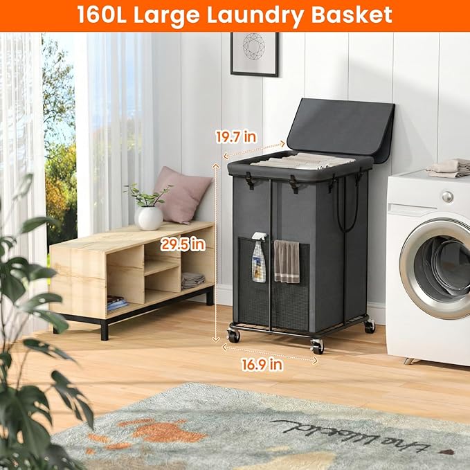 160L Laundry Hamper with Lid, Rolling Laundry Basket with Wheels, Large & Tall Dirty Clothes Hamper with Metal Frame and Removable Bag for Bedroom Aesthetic, Laundry Room, Bathroom, Dorm-Dark Gray