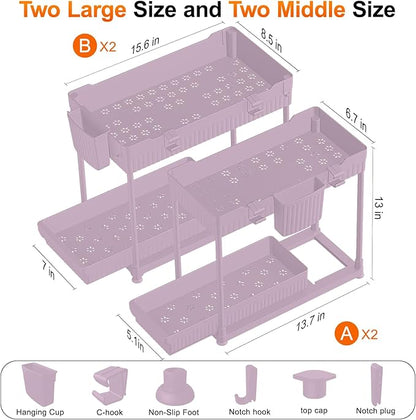 Under Sink Organizer, Bathroom Organizers and Storage, 2 Tier Multi-Use Pull Out Cabinet Organizer with Hang Hooks and Cups (Pink, 4 Pack)