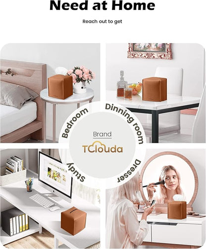 Tclouda Tissue Box Cover for PU Leather, Modern Simple Solid Color Holder Square Tissue Bag, Ideal for Bathrooms,Office,Car,Nightstand,Outdoor Tent,Dining Table,5"X5"X5", Double Camel