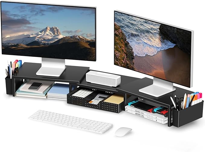 OPNICE Desk Organizers and Accessories, Dual Monitor Stand Riser with Drawer and 2 Pen Holders, Desk Shelf Metal Computer Racks for Office Workspace Organizers, Desktop Organization (Black)