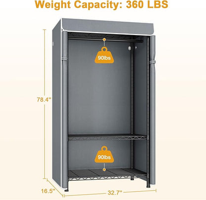 H5C Clothes Rack with Cover, Portable Closet for Hanging Clothes, Covered Clothing Racks Heavy Duty, Freestanding Garment Racks with Shelves, Max Load 360LBS Black Closet Rack with Gray Cover