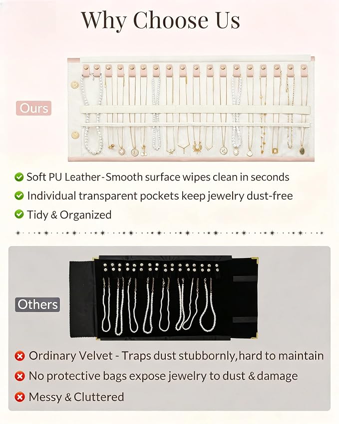 Lolalet Travel Necklace Organizer, Tangle-Free Necklace Case for Travel, Foldable Roll Up Jewelry Storage Bag for Necklaces Chains Bracelets, Pink, 18 Slots Holder