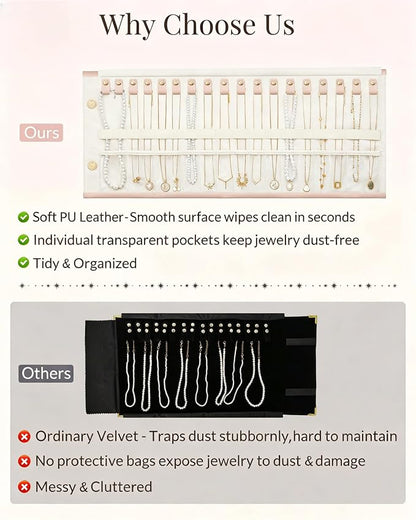 Lolalet Travel Necklace Organizer, Tangle-Free Necklace Case for Travel, Foldable Roll Up Jewelry Storage Bag for Necklaces Chains Bracelets, Pink, 18 Slots Holder