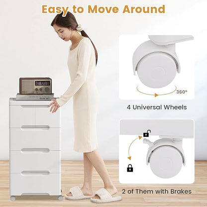 LOKO 5-Drawer Plastic Rolling Storage Cart, Mobile Storage Cabinet with 4 Universal Wheels, Vertical Storage Tower Container Unit for Living Room, Bedroom, Home Office, White (16”x13”x31” (5 Drawers))