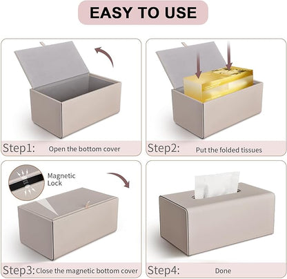 Tissue Box Cover, PU Leather Rectangular Tissue Box Holder with Magnetic Bottom Cover for Facial Tissues/Napkins, Office & Living Room Decor Box for Standard 120-count (3-Ply) 160-count (2-Ply) Beige