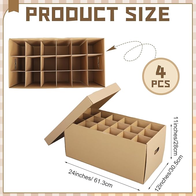 4 Pack Wine Glass Moving Boxes Kitchen Moving Boxes with Handle Kitchen Kit with Lid for Dish Glassware (Brown,24 x 12 x 11 Inches)