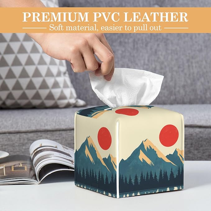 Tissue Box Cover,Boho Mountains Sun Leather Tissue Holder Organizer Portable Square Decorative Facial Paper Case for Home Office Bathroom Vanity Countertop