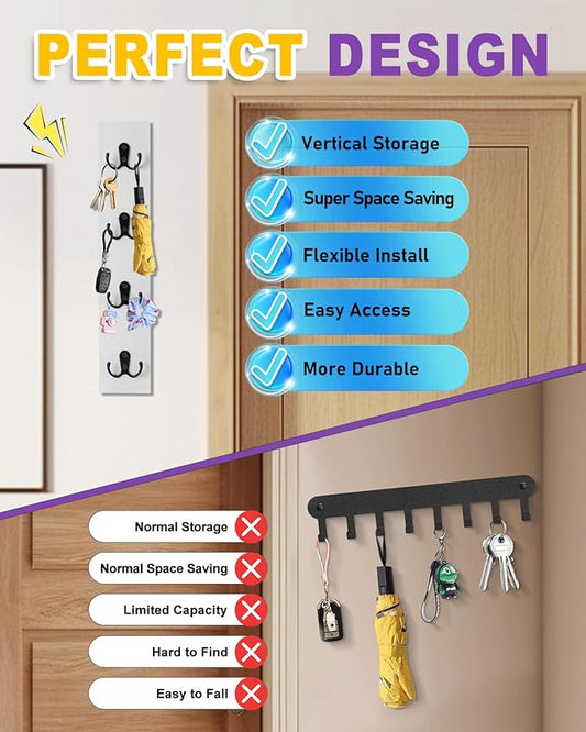 UCEC Vertical Key Holder for Wall with Hooks, Space-Saving Wooden Key Holder Wall Mount Small Organizer for Entryway, Keys, Wallets, and Pet Leashes – White Key Rack for Front Door or Garage Decor