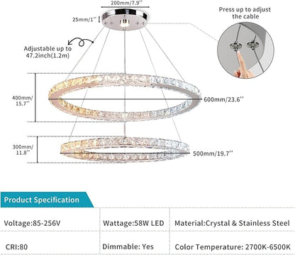 23.6'' Dimmable Oval Crystal Chandelier 2-Ring LED Pendant Island Light with Remote & App Control, 3-Color 2500K–6500K, Adjustable Height for Kitchen Dining Living Room Bedroom