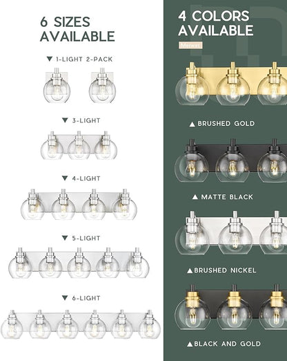 Bathroom Light Fixtures, 6 Light Brushed Nickel Vanity Light, 38 Inch Modern Wall Sconces with Globe Clear Glass Shade, Vanity Lighting Fixtures Over Mirror, VL195-BN-6