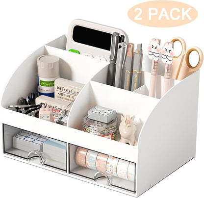 COMFYROOM Desk Organizer with 6 Compartments and 2 Drawers, Plastic Makeup Organizer, Pen Holder for Desktop Storage, Desk Organization for School, Home, Office Supplies (White-2Pack)