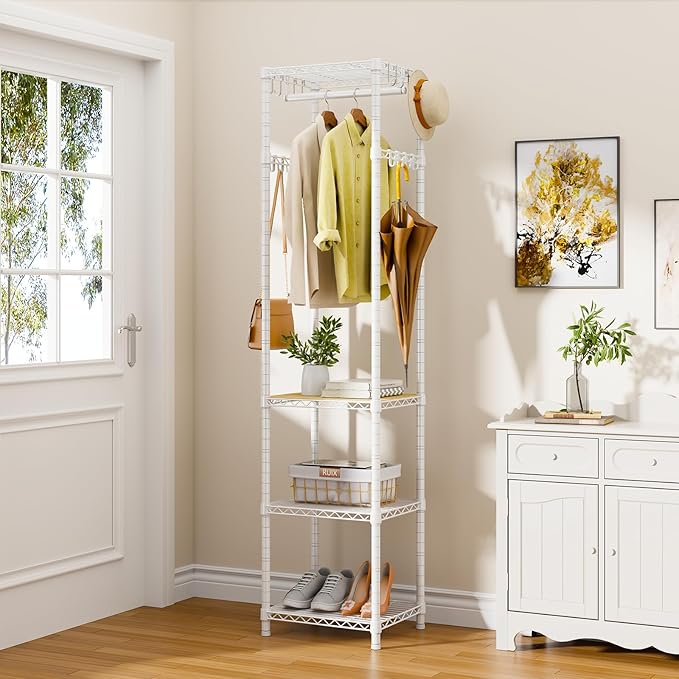 R1 Clothes Rack Heavy Duty, Clothing Racks for Hanging Clothes, Garment Rack with Storage Shelves, Small Coat Rack Freestanding for Entryway, Hallway, Bedroom, Max Load 448 Lbs, White