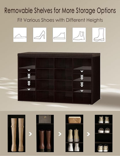 DINZI LVJ Shoe Storage Bench with Cushion, 14-Cubby Shoe Rack, Adjustable Shelves, Multifunctional Shoe Organizer Bench for Entryway, Mudroom, Hallway, Living Room, Bedroom and Garage, Espresso