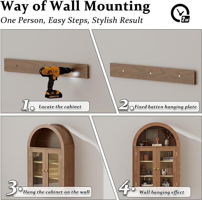 BREEZEHEAT Bathroom Medicine Cabinet Wall Mount-Over The Toilet Storage Cabinet-Arched Wall Cabinet with Glass Doors & Adjustable Shelves, Wood Cabinet for Laundry Room, Kitchen, Living Room, Walnut