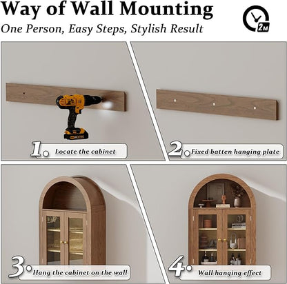 BREEZEHEAT Bathroom Medicine Cabinet Wall Mount-Over The Toilet Storage Cabinet-Arched Wall Cabinet with Glass Doors & Adjustable Shelves, Wood Cabinet for Laundry Room, Kitchen, Living Room, Walnut