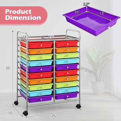 Happygrill 20-Drawer Organizer Cart Tools, Mobile Utility Storage Cart with Removable Drawers & Lockable Wheels, Rolling Storage Cart with wheels for Home Office School(Multicolor)