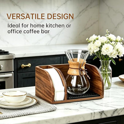 Acacia Wood Coffee Bar Station Organizer Stand, Wooden Pour Over Maker Caddy Storage Organizers, Coffee Filter Holder for Countertop with Heatproof Mat (9.4*7*5.1 inch) Glass Coffee Maker not included