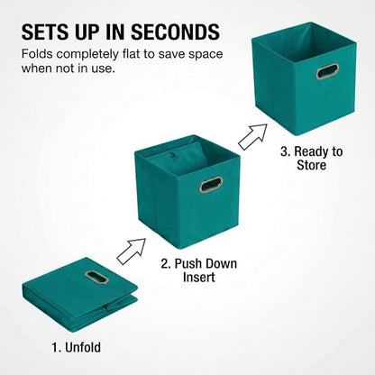 Household Essentials Fabric Storage Bins in Strong Poly‑Woven Fabric, Sturdy Chipboard Sides, Grommet Front Handle, Teal Green, Set of 6