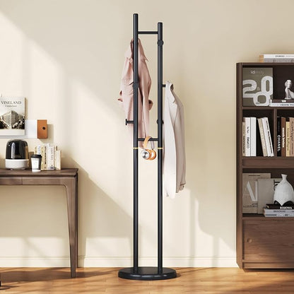 Uniclinens Wood Coat Rack Freestanding - Heavy Duty Freestanding Coat Rack, Wooden Coat Stand with 6 Hooks Creative Tree Branch-look for Entryway, Hallway, Bedroom (Black)