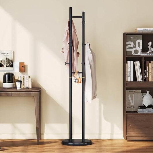 Uniclinens Wood Coat Rack Freestanding - Heavy Duty Freestanding Coat Rack, Wooden Coat Stand with 6 Hooks Creative Tree Branch-look for Entryway, Hallway, Bedroom (Black)