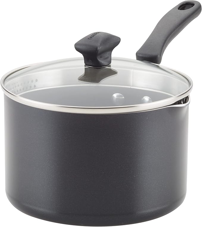 Farberware Cookstart DiamondMax Nonstick Straining Saucepan, Dishwasher Safe, 3 Quart, Black