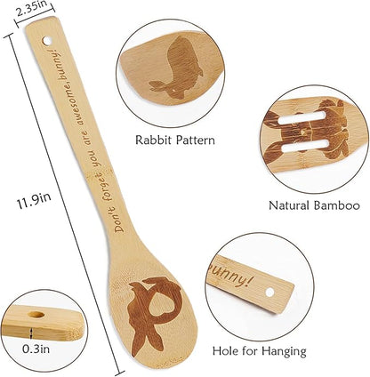 5PCS Rabbit Wooden Cooking Spoons Kitchen Decor Rabbit Gifts for Women Men Rabbit Lovers Birthday Gifts Party Favors Housewarming Wedding Bamboo Cooking Spoons for Everyday Use