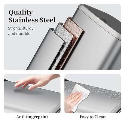 2.1 Gallon Bathroom Trash Can with Lid Press Top, 8 Liter Stainless Steel Garbage Can with Press Type Lid, Slim Trash Bin Waste Basket for Toilet, Office, Bedroom, Living Room (Silver)