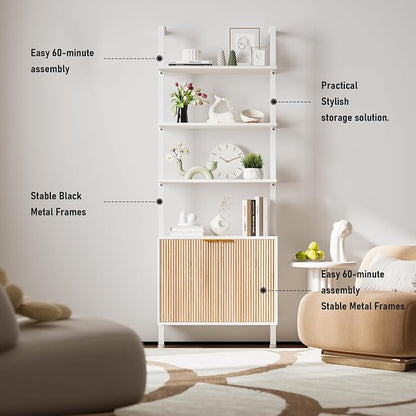 INNOD 74" Tall Bookshelf with Storage Cabinet, Modern Ladder Shelf with Wood and Metal Frame, Wall Mount Bookcase Open Display Shelf Furniture for Living Room, Bedroom, Home Office, White and Oak