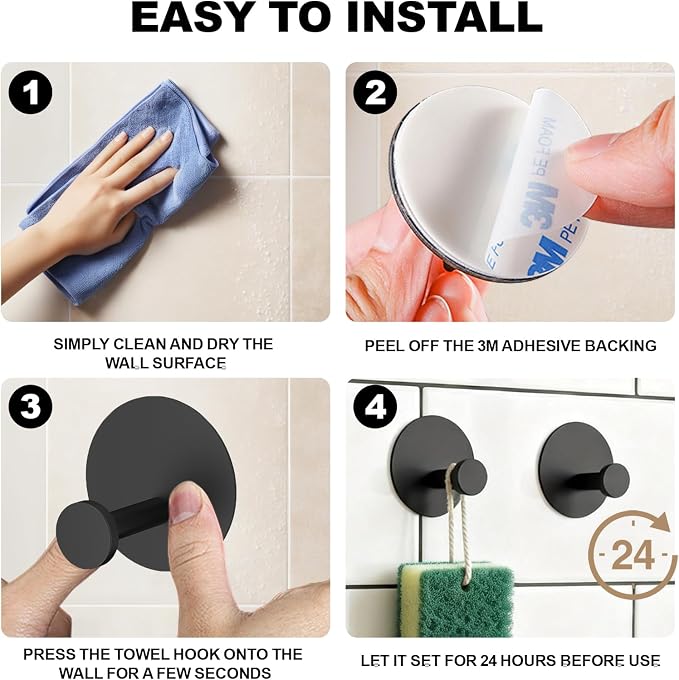 Towel Hooks for Bathroom (4 Pack) Adhesive Towel Hook Shower Hooks for Inside Shower - Sticky Bathroom Wall Hooks for Hanging Towels, Robe, Loofah, Bath Sponge (Style 2 - Black)