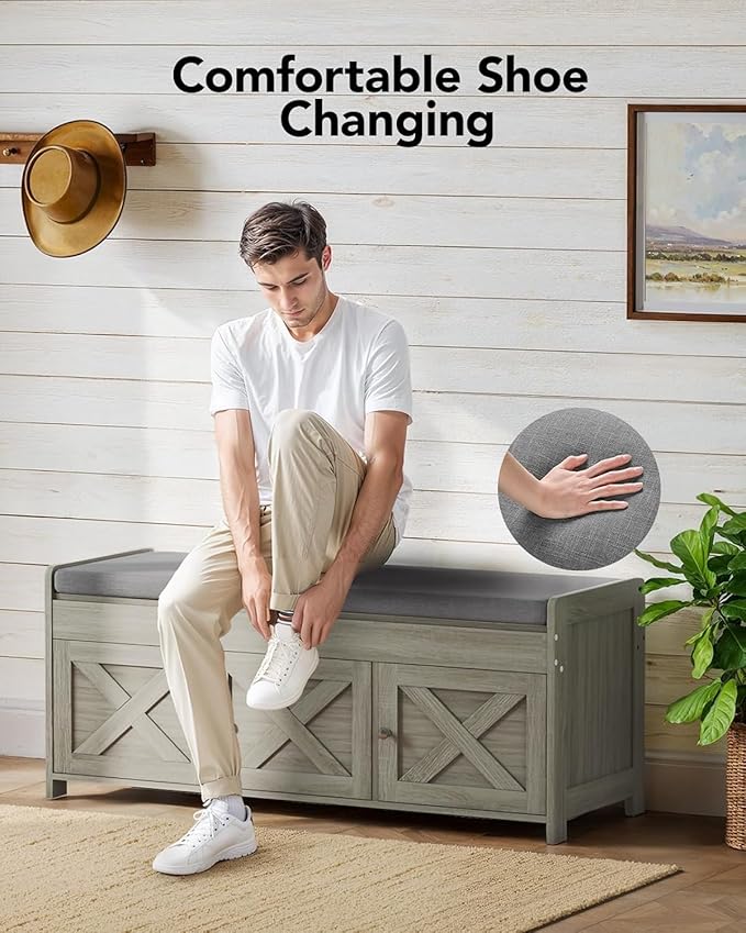 Pipishell 2-Tier Shoe Storage Bench with Cushioned Seat, Entryway Bench with Adjustable Shelf & Barn Doors, 300 lbs Capacity, 43.4" W x 16" D x 18" H, for Entryway, Bedroom, Living Room, Gray