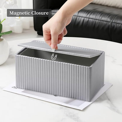 PU Leather Tissue Box Cover for up to 3.9" High Boxes, Rectangle Tissue Box Holder for Bathroom Bedroom Living Room Office (Silver Stripe)