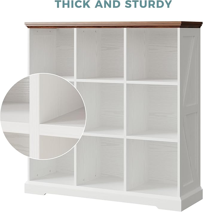 IRONCK Wooden 9 Cube Storage Organizer, Cube Shelf Organizer with Storage, Farmhouse Short Bookshelf for Bedroom, Living Room and Home Office, White
