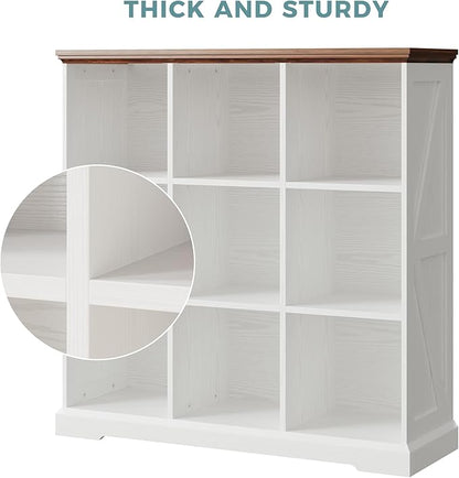 IRONCK Wooden 9 Cube Storage Organizer, Cube Shelf Organizer with Storage, Farmhouse Short Bookshelf for Bedroom, Living Room and Home Office, White